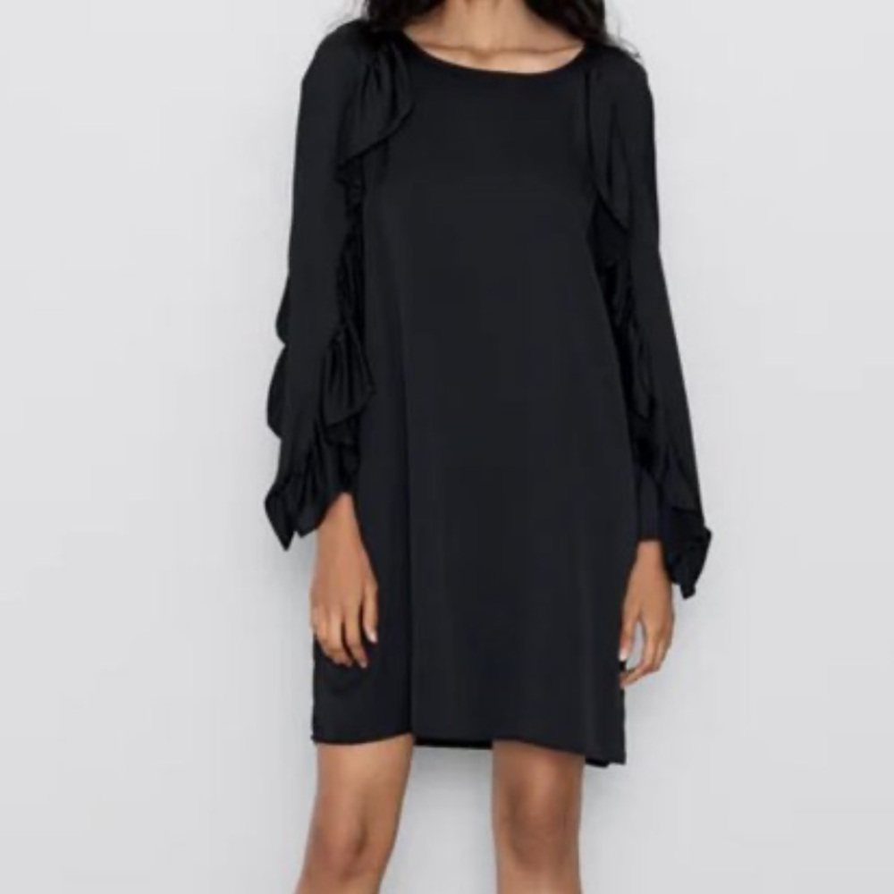 Zara NWT Black Long Sleeve Mini Dress with Ruffles Size S